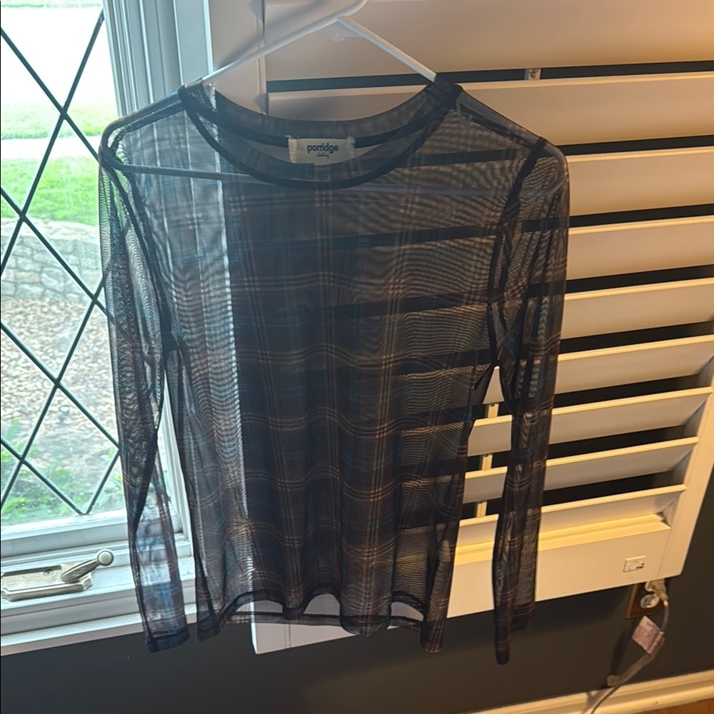 Porridge Plaid Sheer Long Sleeve Top
